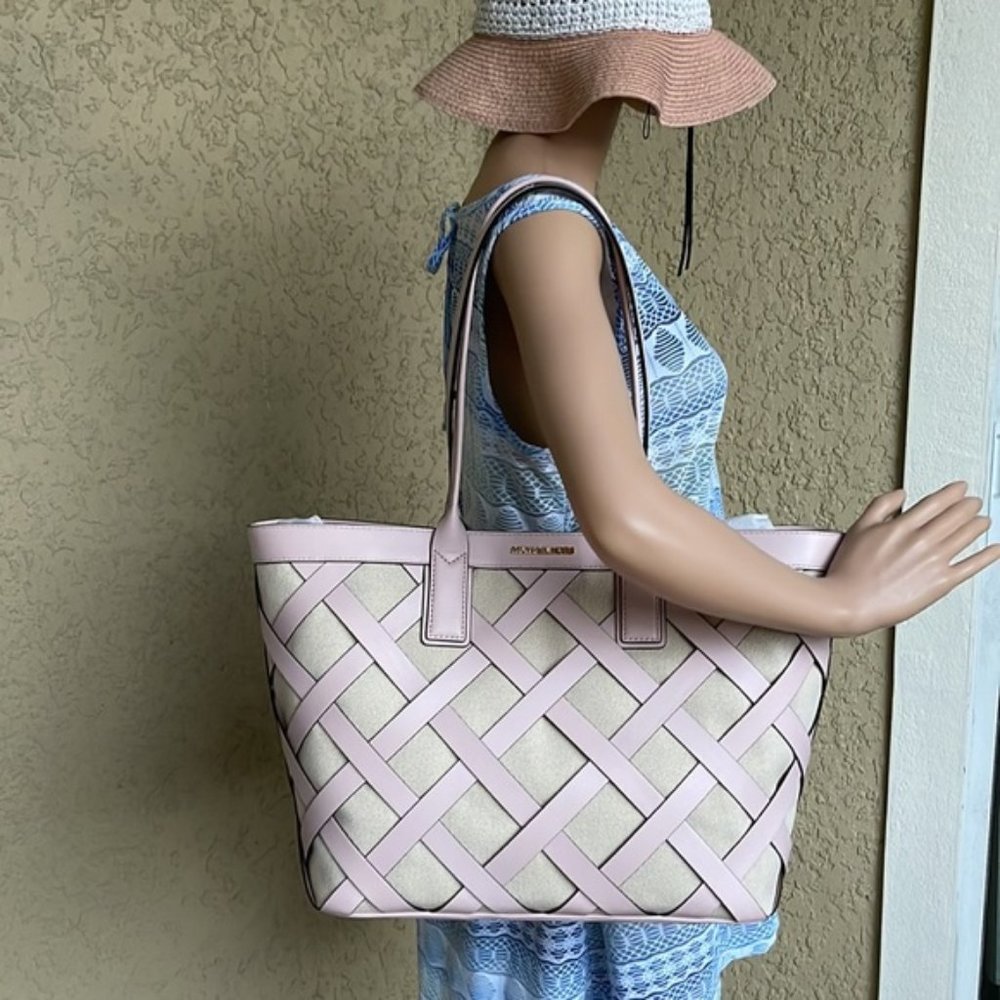 Michael Kors Sienna Large Tote Shoulder Bag Powder Blush Leather Canvas - Picture 16 of 16